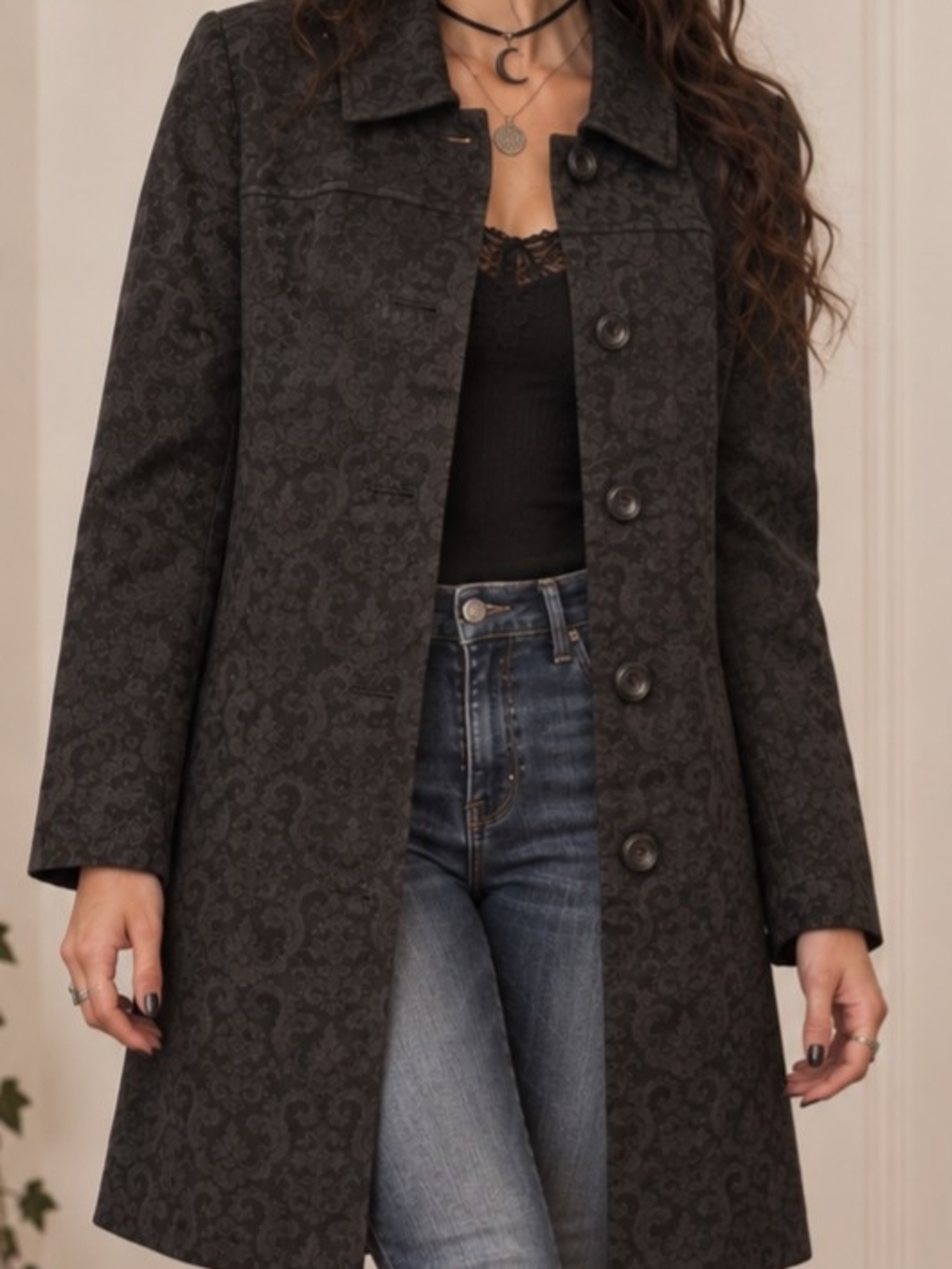Women's Dark Charcoal Patterned Single-Breasted Duster Jacket